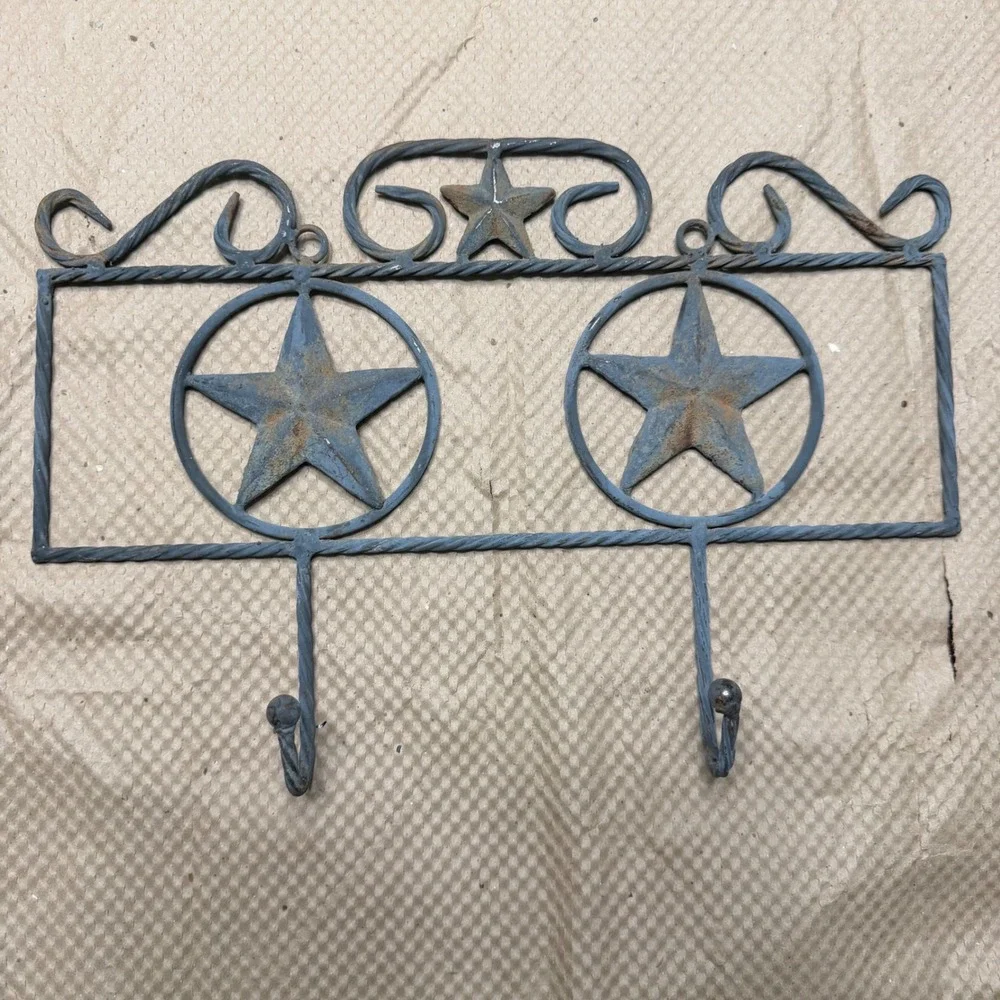 Rustic Wrought Iron Texas Star Wall Hook Rack Western Metal Coat Hat Hanger Gray